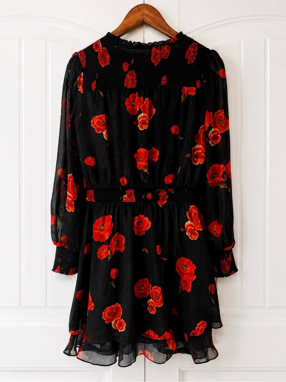 INTERMIX Black Dress with Red Floral Print — Long Sleeve Mini